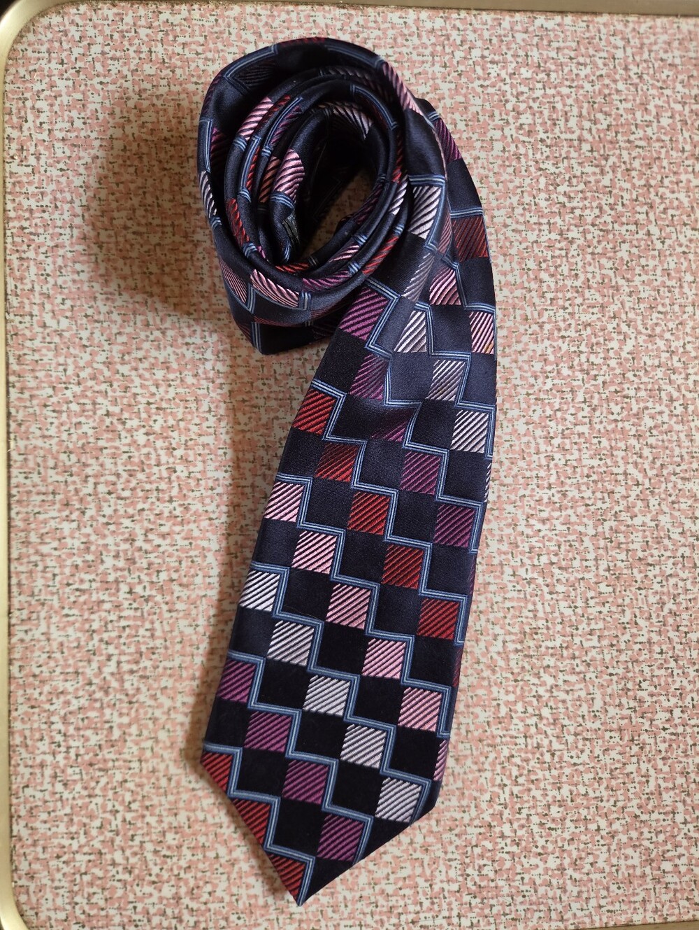 Stafford Silk Necktie Geometric Checkerboard Navy Red Striped Square Pattern